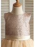 Matte Sequin Champagne Tulle Knee Length Flower Girl Dress